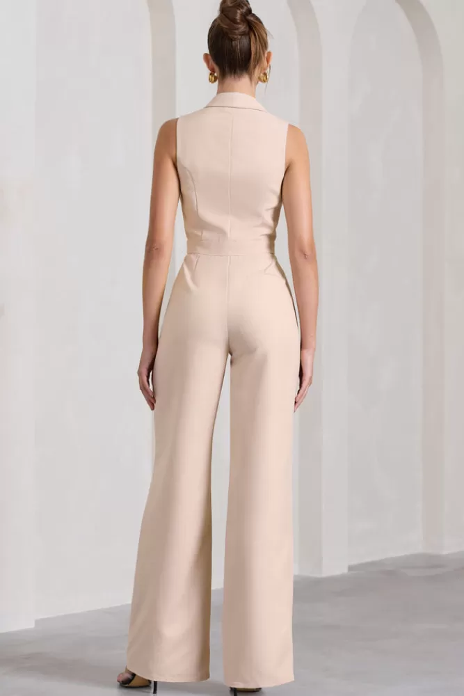 Club L London Endure | Tailored Sleeveless Wide-Leg Jumpsuit STONE Fashion