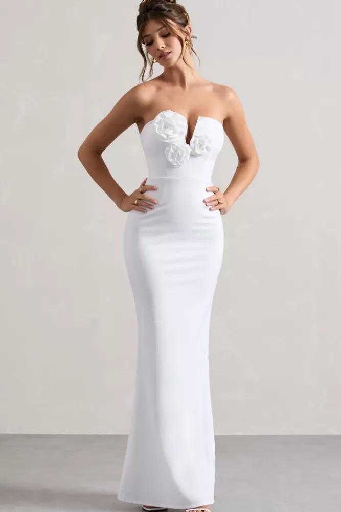 Club L London Enticed | Strapless V-Neck Maxi Dress With Flowers WHITE Best