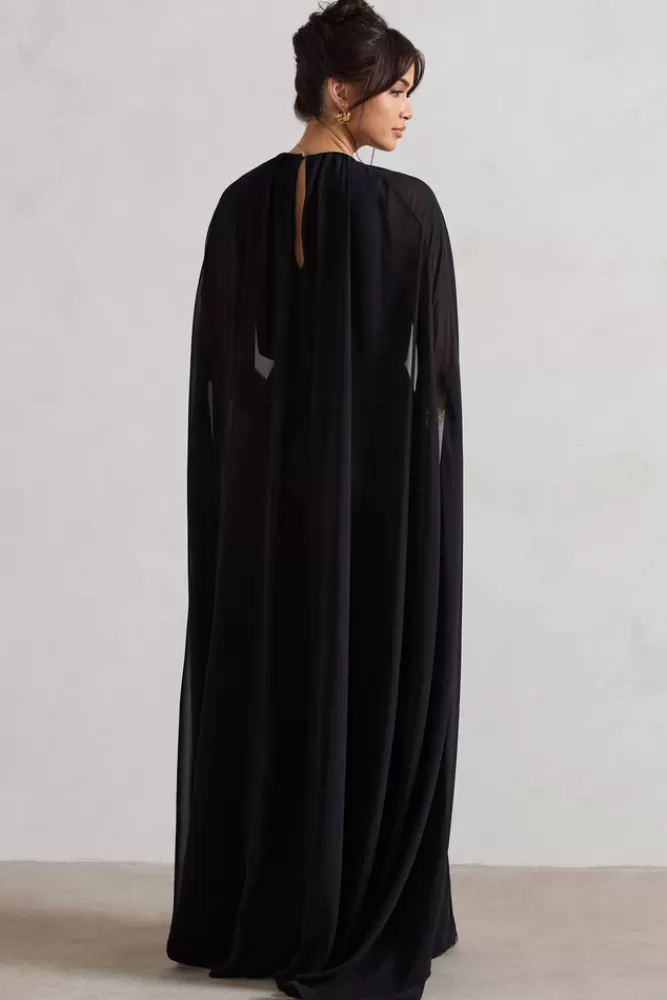 Club L London Envy | Gathered Maxi Dress With Chiffon Cape BLACK Hot