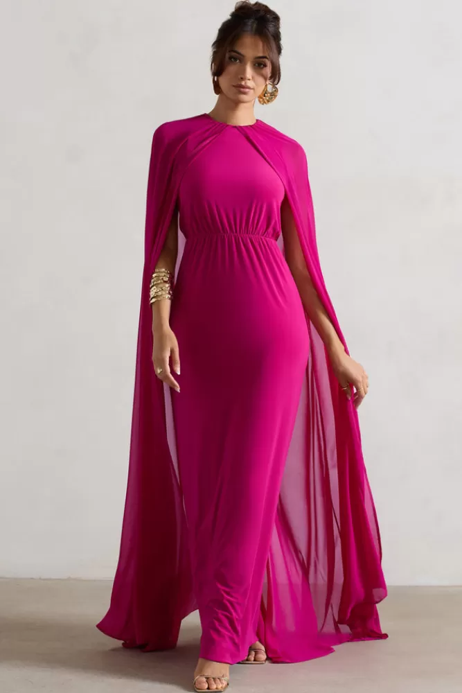 Club L London Envy | Pink High-Neck Maxi Dress With Chiffon Cape HOTPINK Cheap