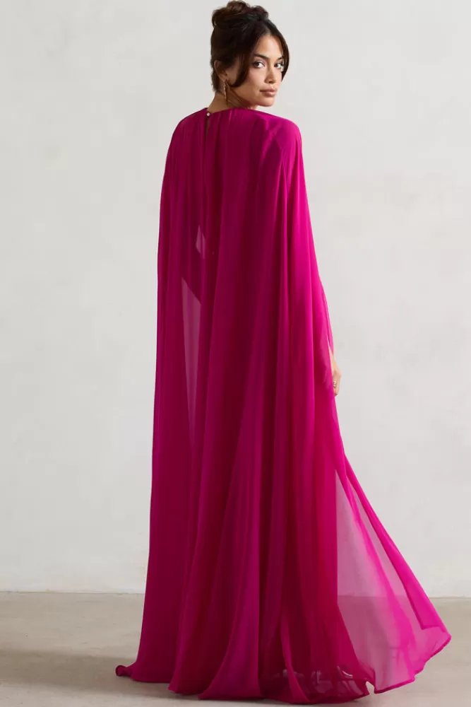 Club L London Envy | Pink High-Neck Maxi Dress With Chiffon Cape HOTPINK Cheap