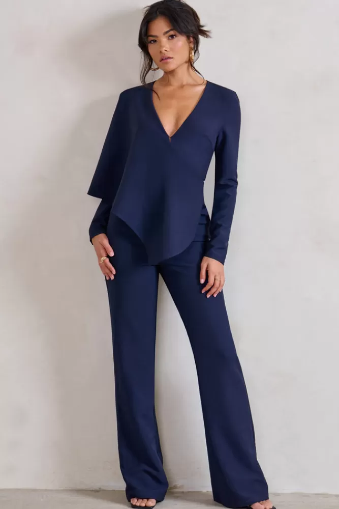 Club L London Erika | Plunge Jumpsuit with One-Shoulder Cape Overlay NAVY Hot