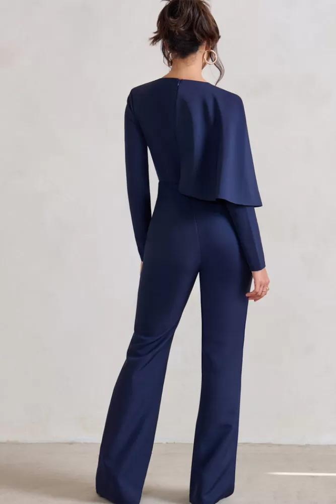 Club L London Erika | Plunge Jumpsuit with One-Shoulder Cape Overlay NAVY Hot