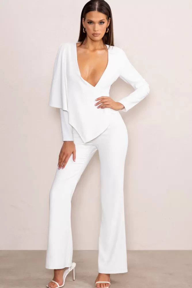 Club L London Erika | Plunge Jumpsuit with One-Shoulder Cape Overlay WHITE Shop