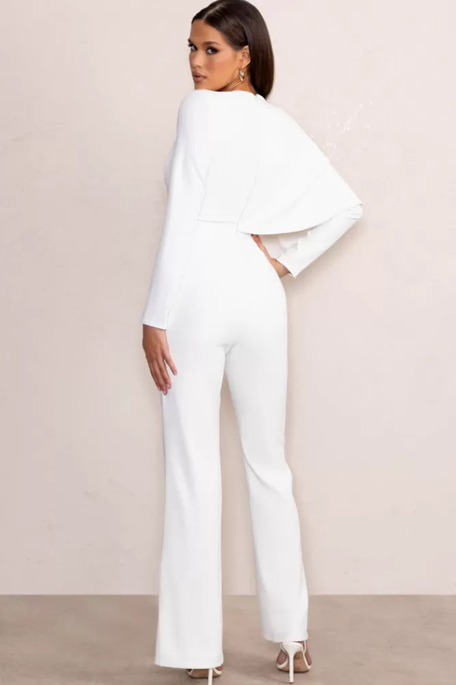 Club L London Erika | Plunge Jumpsuit with One-Shoulder Cape Overlay WHITE Shop