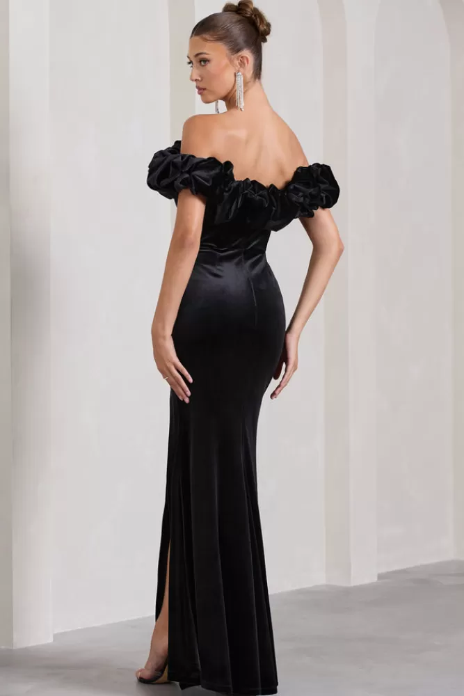 Club L London Esmeralda | Velvet Structured Ruffled Bardot Maxi Dress BLACK Sale