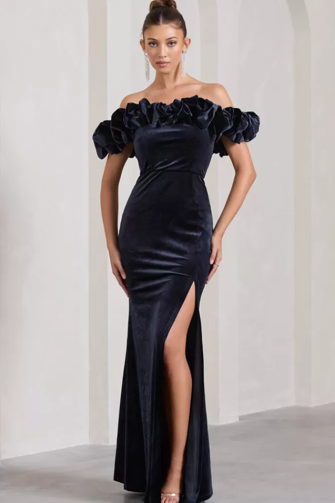 Club L London Esmeralda | Velvet Structured Ruffled Bardot Maxi Dress NAVY Flash Sale