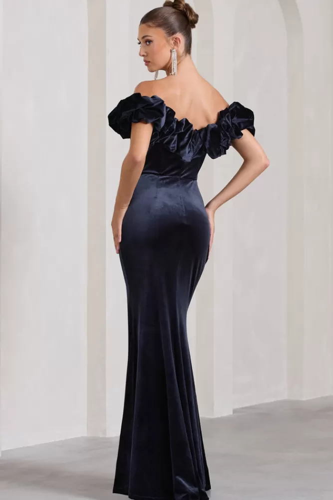 Club L London Esmeralda | Velvet Structured Ruffled Bardot Maxi Dress NAVY Flash Sale