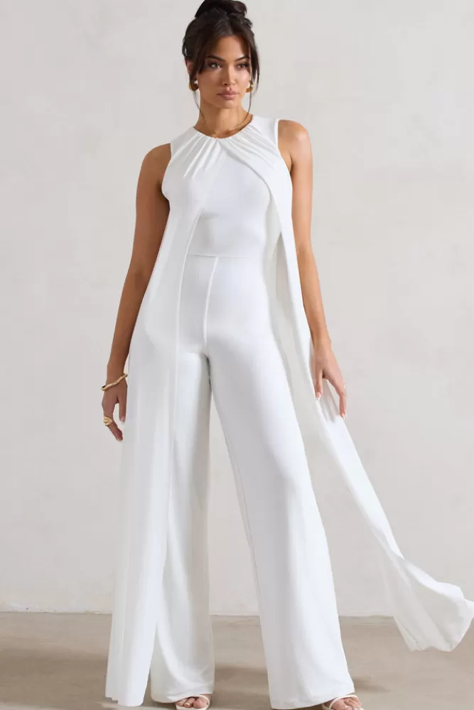 Club L London Essence | High-Neck Wide-Leg Jumpsuit With Cape WHITE Fashion