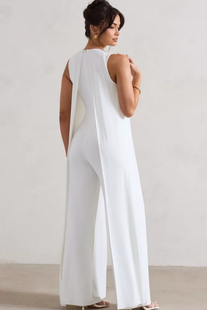 Club L London Essence | High-Neck Wide-Leg Jumpsuit With Cape WHITE Fashion