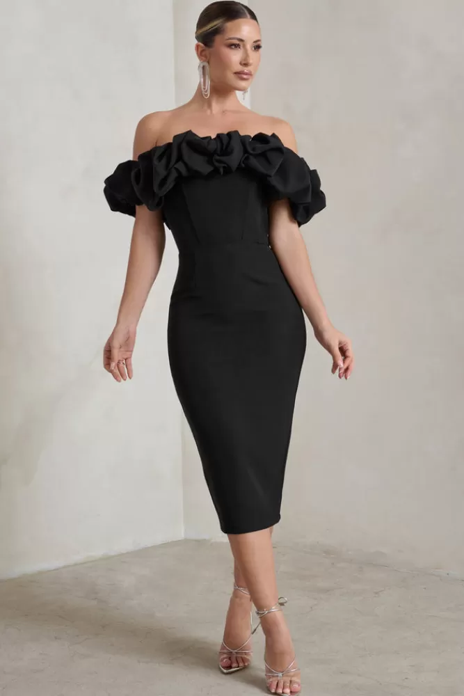 Club L London Estie | Structured Statement Bardot Midi Dress BLACK Fashion