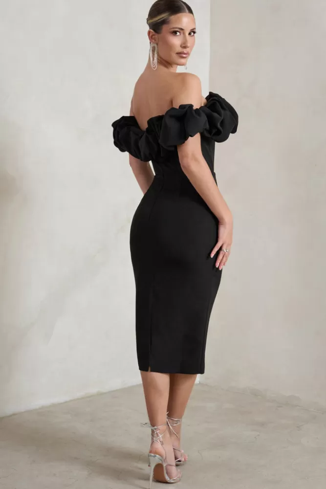 Club L London Estie | Structured Statement Bardot Midi Dress BLACK Fashion