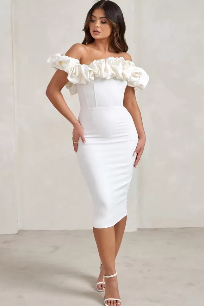 Club L London Estie | Structured Statement Bardot Midi Dress WHITE Cheap