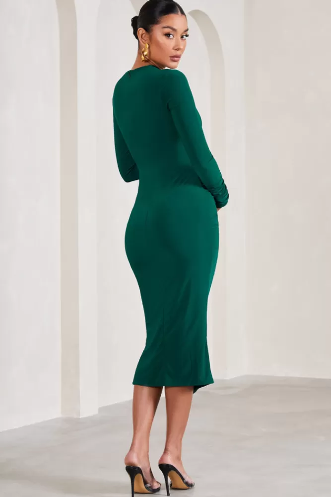 Club L London Eternal | Bottle Green Long-Sleeved Split Maternity Midi Dress BOTTLEGREEN Hot