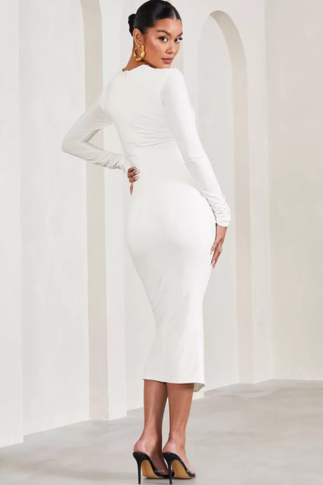 Club L London Eternal | Ruched Long-Sleeved Split Maternity Midi Dress WHITE Cheap