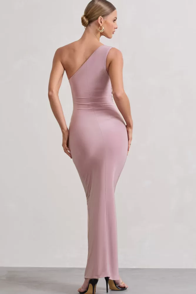 Club L London Ethereal | Dusky One Shoulder Ruched Split Maxi Dress Lilac Outlet