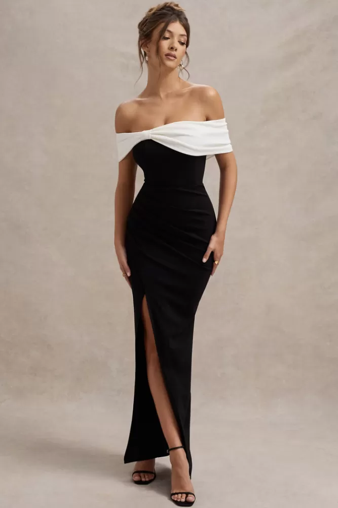 Club L London Eva | Black u0026 White Bardot Bow Detail Maxi Dress With Thigh Split BLACK&WHITE Shop