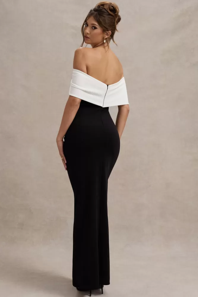 Club L London Eva | Black u0026 White Bardot Bow Detail Maxi Dress With Thigh Split BLACK&WHITE Shop