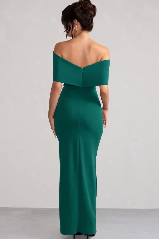 Club L London Eva | Green Bardot Bow Detail Maxi Dress With Thigh Split TEAL Shop