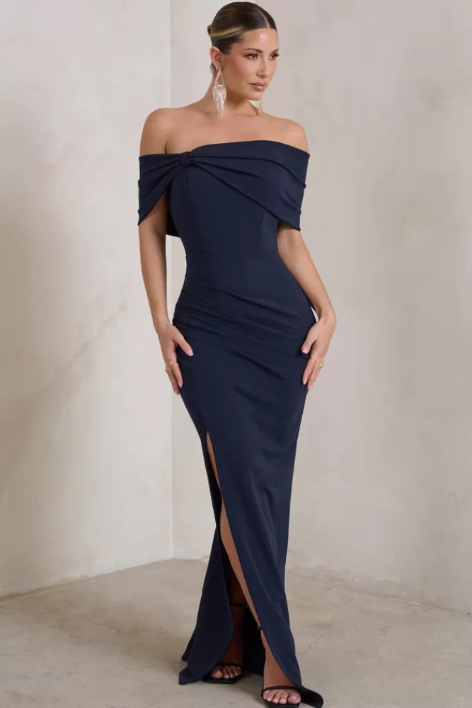 Club L London Eva | Bardot Bow Detail Maxi Dress With Thigh Split NAVY Store