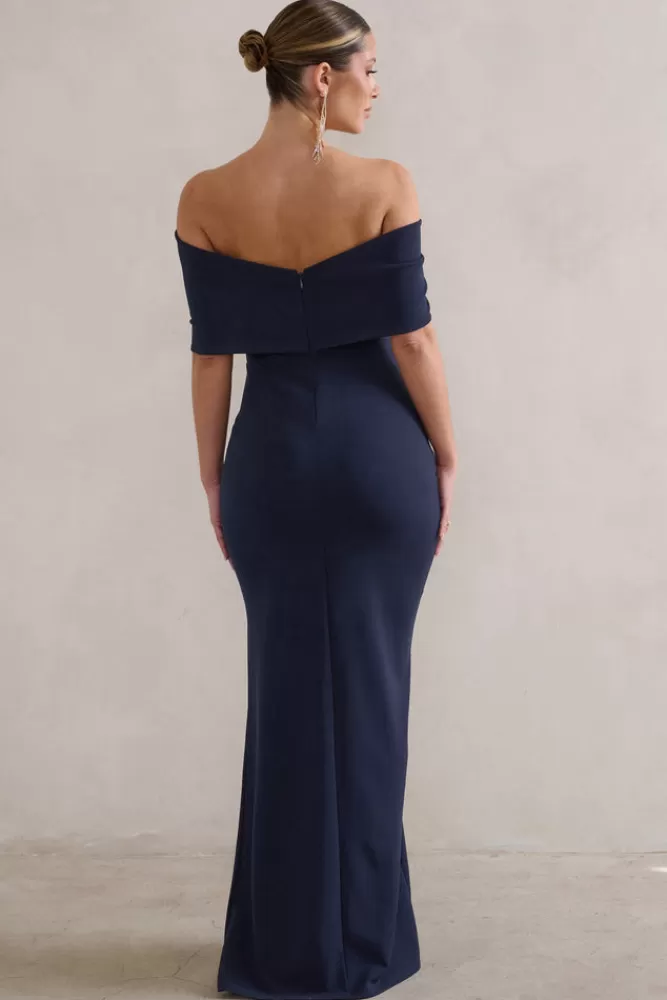 Club L London Eva | Bardot Bow Detail Maxi Dress With Thigh Split NAVY Store
