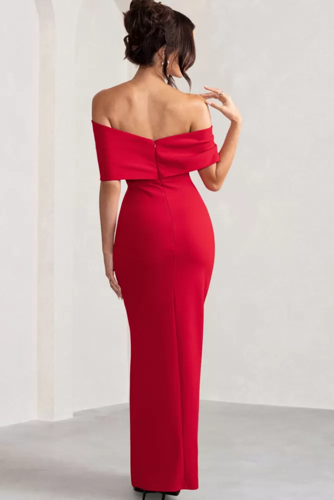 Club L London Eva | Bardot Bow Detail Maxi Dress With Thigh Split RED Shop