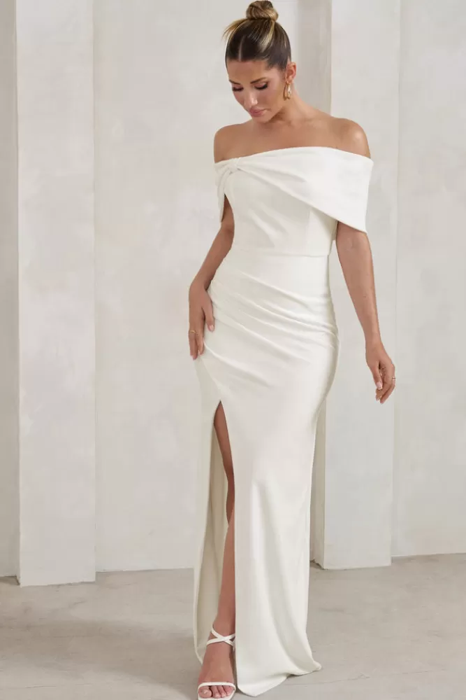 Club L London Eva | Bardot Bow Detail Maxi Dress With Thigh Split WHITE Shop