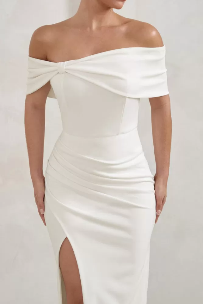 Club L London Eva | Bardot Bow Detail Maxi Dress With Thigh Split WHITE Shop