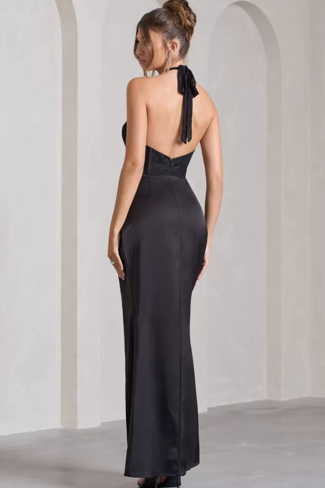 Club L London Evalina | High-Neck Open-Back Panelled Split Maxi Dress BLACK Store