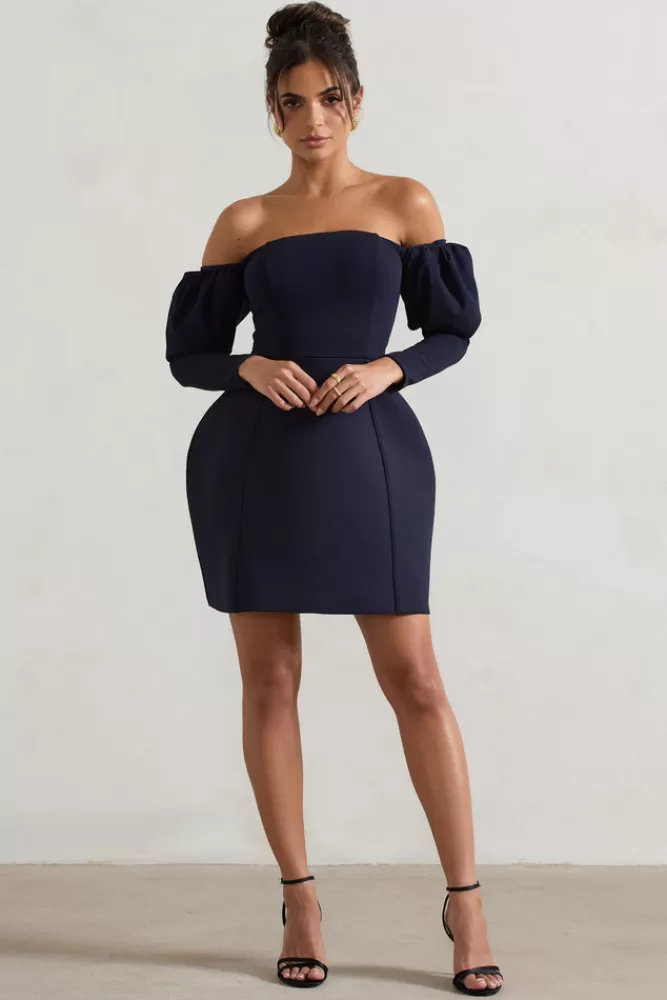 Club L London Evangeline | Structured Bardot Puff-Sleeve Mini Dress NAVY Cheap