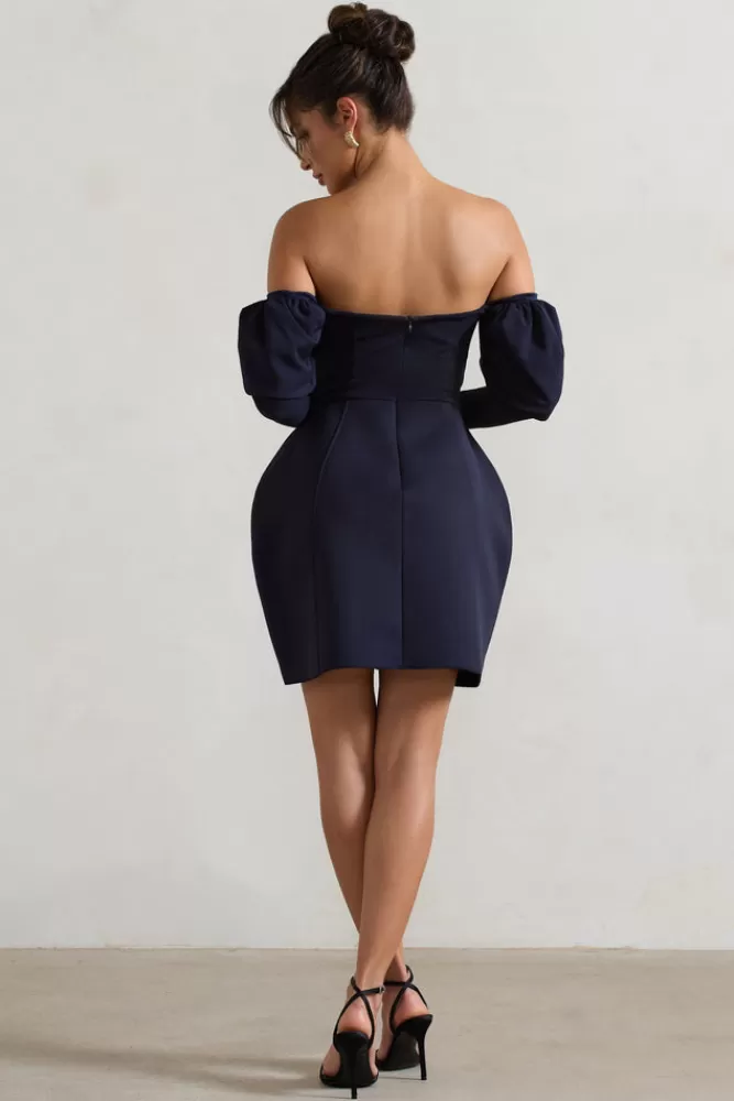 Club L London Evangeline | Structured Bardot Puff-Sleeve Mini Dress NAVY Cheap