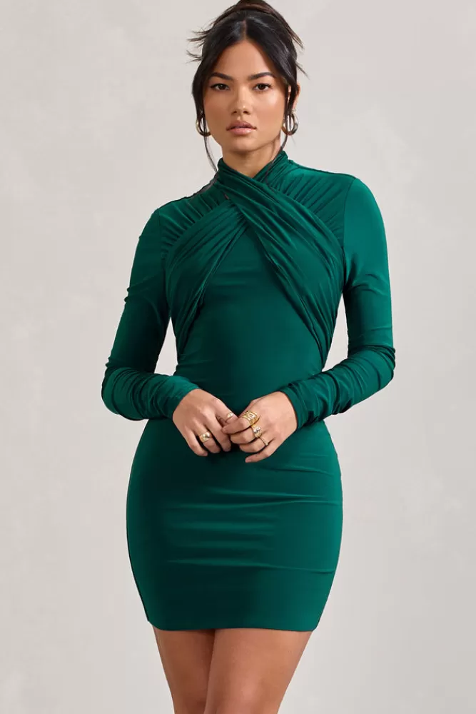 Club L London Eve | Bottle Green Crossed-Neck Long-Sleeved Bodycon Mini Dress BOTTLEGREEN Store