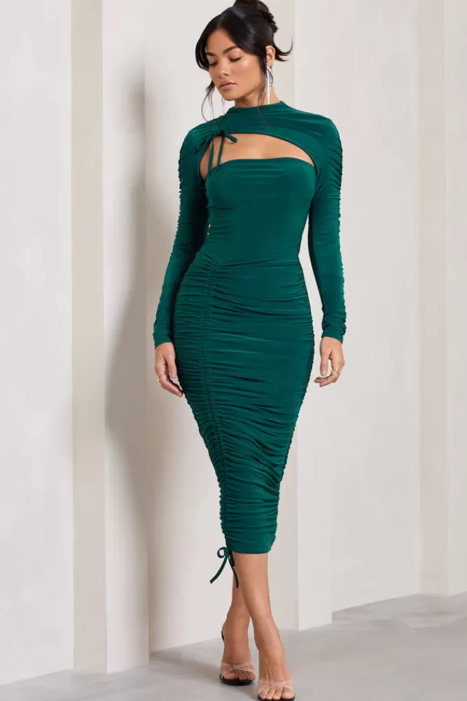 Club L London Eveline | Bottle Green Ruched High-Neck Long-Sleeved Bodycon Midi Dress BOTTLEGREEN Online