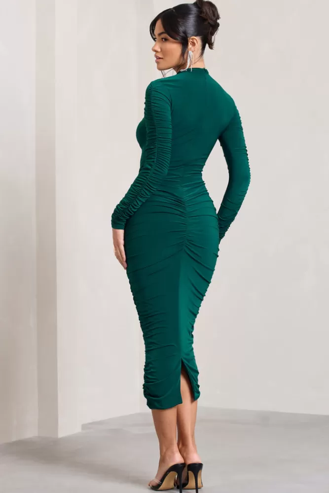 Club L London Eveline | Bottle Green Ruched High-Neck Long-Sleeved Bodycon Midi Dress BOTTLEGREEN Online