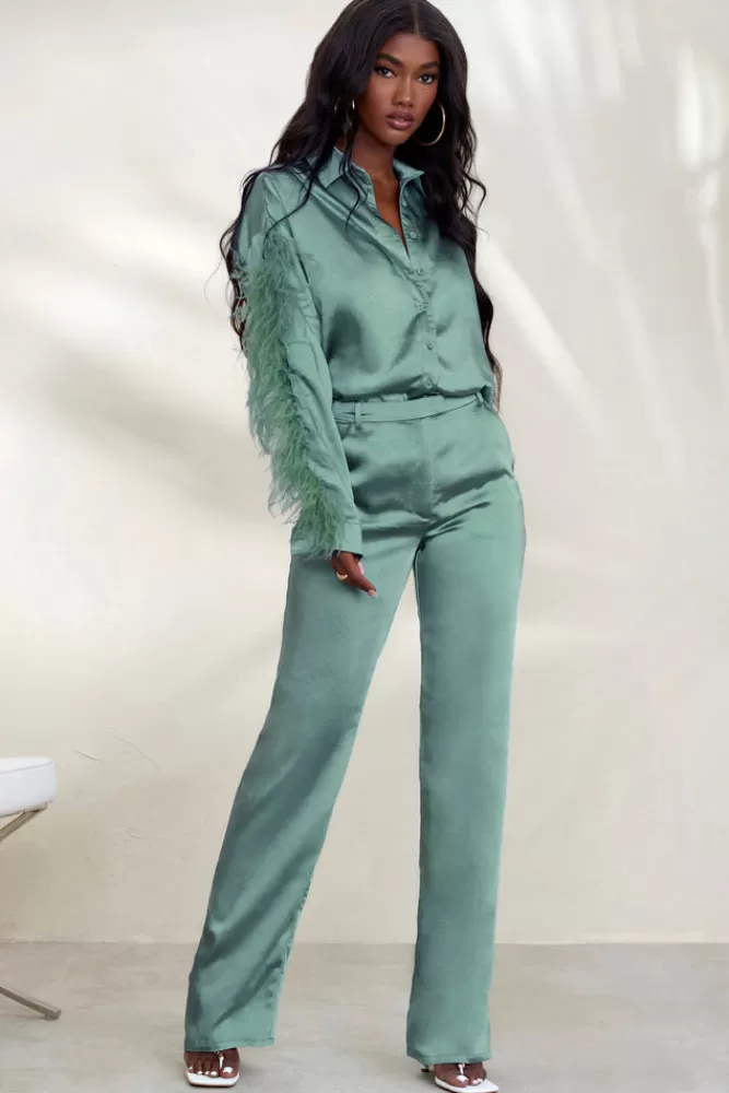 Club L London Evening Memories | Duck Egg Satin Wide Leg Trousers BLUE Best Sale