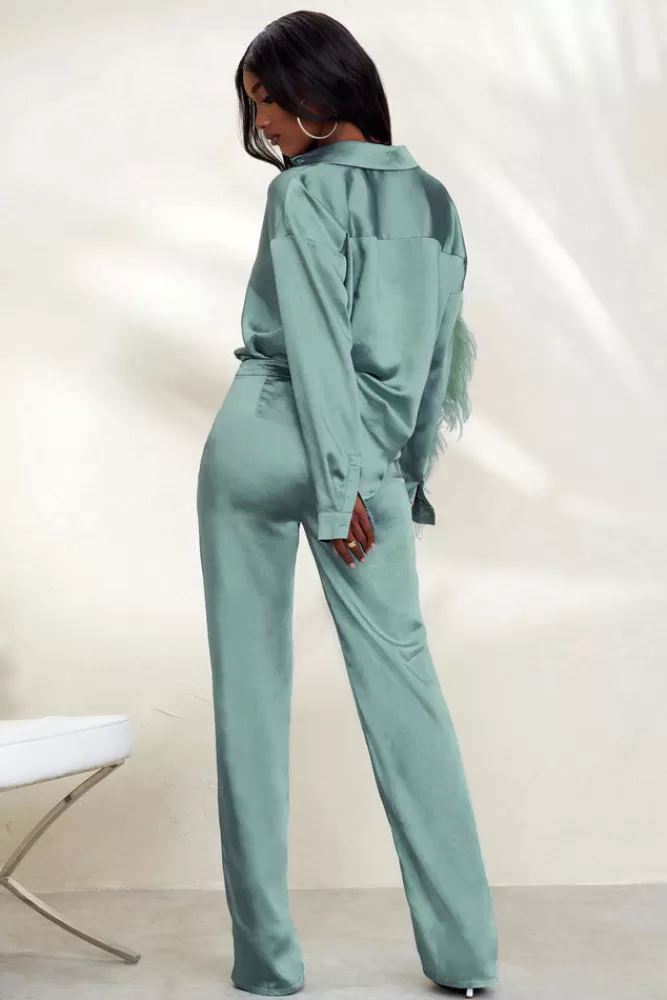 Club L London Evening Memories | Duck Egg Satin Wide Leg Trousers BLUE Best Sale
