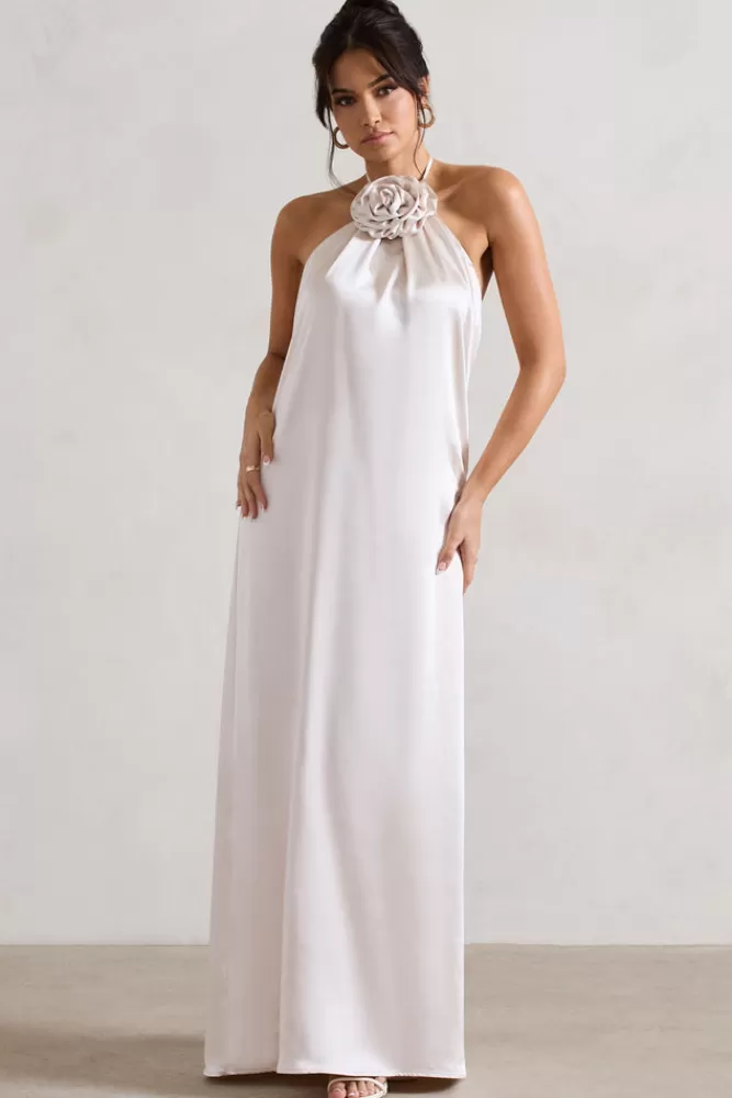 Club L London Everleigh | Satin Relaxed Fit Maxi Column Dress With Corsage CREAM Hot