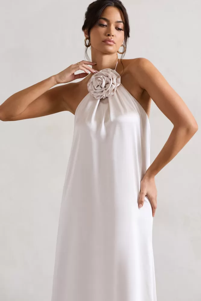 Club L London Everleigh | Satin Relaxed Fit Maxi Column Dress With Corsage CREAM Hot
