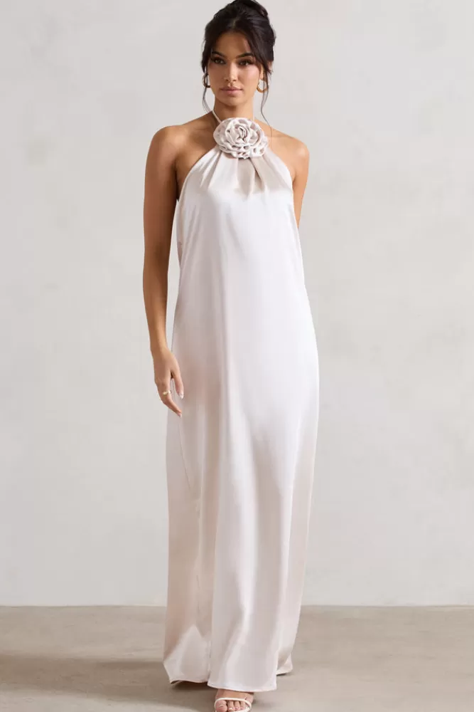 Club L London Everleigh | Satin Relaxed Fit Maxi Column Dress With Corsage CREAM Hot