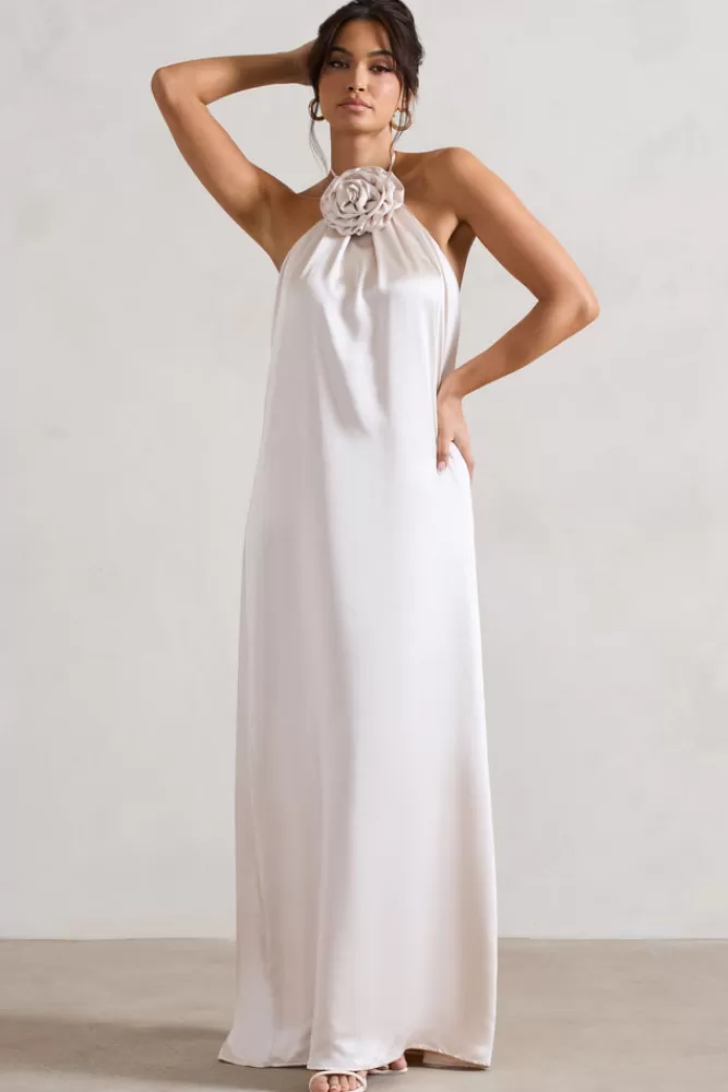 Club L London Everleigh | Satin Relaxed Fit Maxi Column Dress With Corsage CREAM Hot