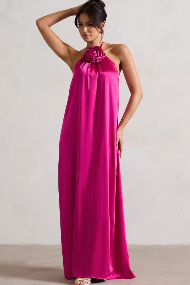 Club L London Everleigh | Dark Pink Satin Relaxed Fit Maxi Column Dress With Corsage MAGENTA Clearance
