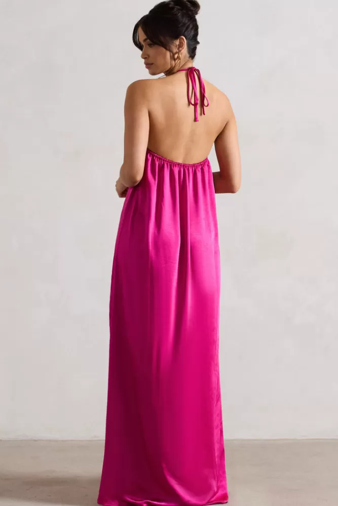 Club L London Everleigh | Dark Pink Satin Relaxed Fit Maxi Column Dress With Corsage MAGENTA Clearance