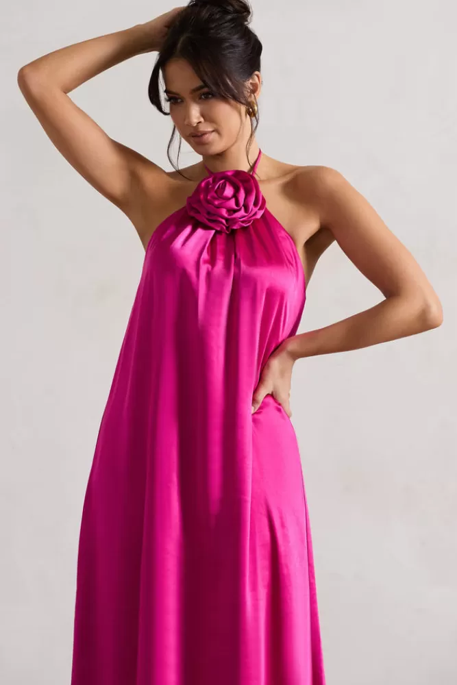 Club L London Everleigh | Dark Pink Satin Relaxed Fit Maxi Column Dress With Corsage MAGENTA Clearance