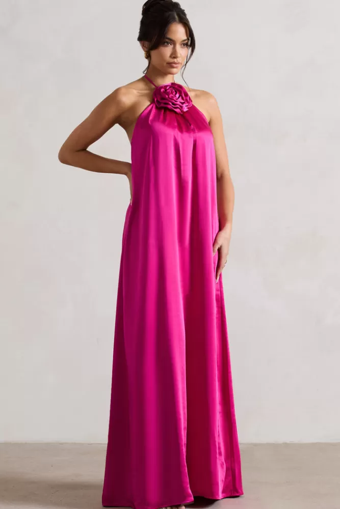 Club L London Everleigh | Dark Pink Satin Relaxed Fit Maxi Column Dress With Corsage MAGENTA Clearance