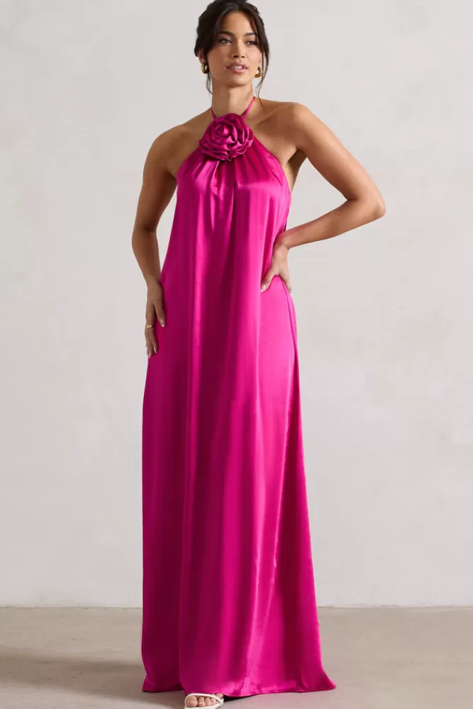 Club L London Everleigh | Dark Pink Satin Relaxed Fit Maxi Column Dress With Corsage MAGENTA Clearance