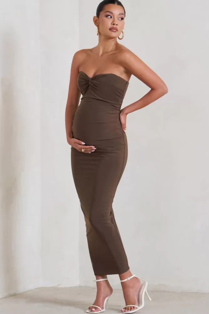 Club L London Evita | Brown Maternity Sweetheart Twist Detail Midi Dress CHOCOLATE Fashion