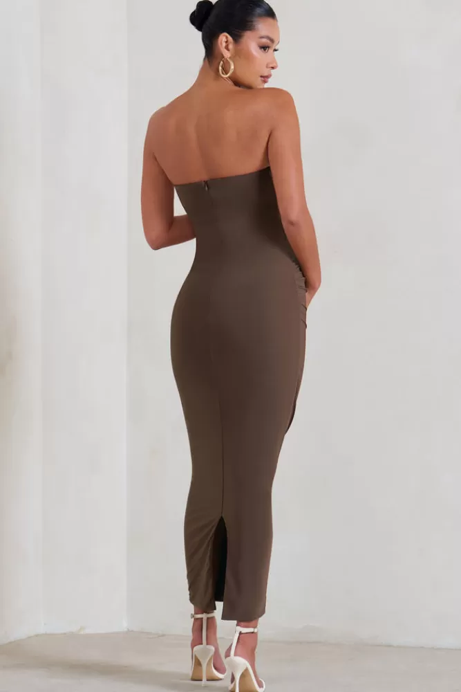 Club L London Evita | Brown Maternity Sweetheart Twist Detail Midi Dress CHOCOLATE Fashion