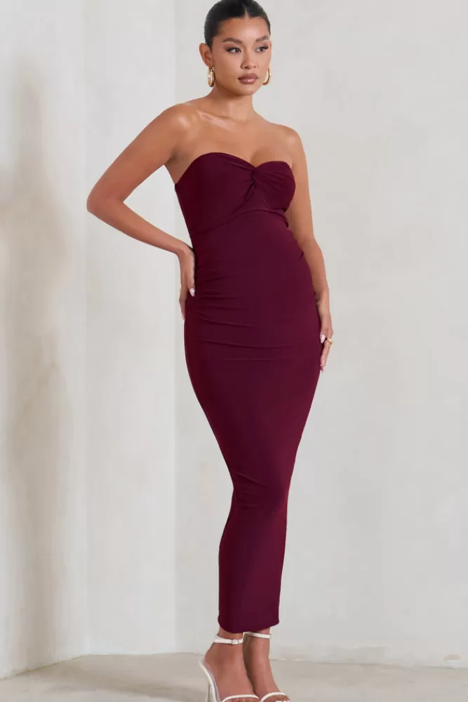 Club L London Evita | Maternity Sweetheart Twist Detail Maxi Dress BURGUNDY New