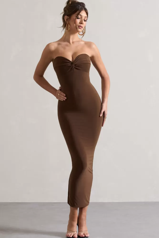 Club L London Evita | Sweetheart Twist Detail Maxi Dress CHOCOLATE Online