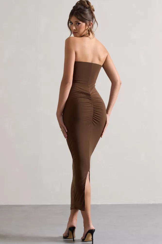 Club L London Evita | Sweetheart Twist Detail Maxi Dress CHOCOLATE Online